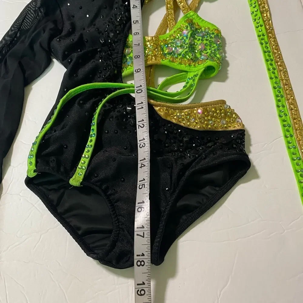 Glamour solo dance costume leotard Money green embellished rhinestone SC child